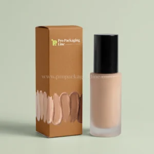 Caramel foundation box with skin-tone swatch print and frosted bottle, Pro Packaging Line logo