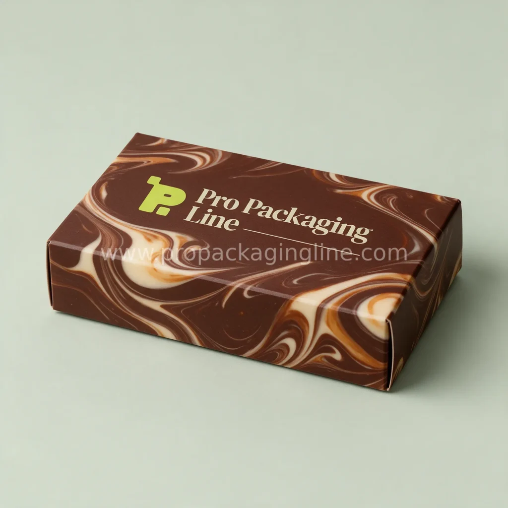 Custom fudge box in chocolate brown with cream and caramel marbled swirl artwork