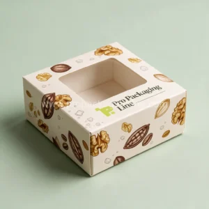 Custom fudge window box in cream with walnut, sea salt and cocoa illustrations