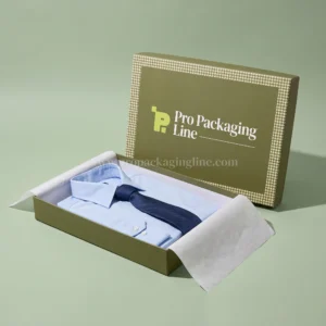 Olive green flat garment shirt box with blue dress shirt and tie, Pro Packaging Line logo on the lid