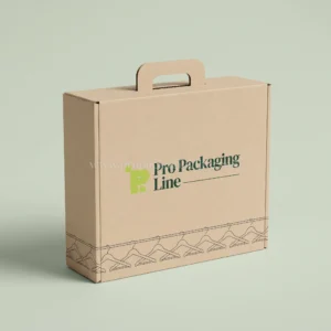 Sand beige corrugated garment carry box with handle and hanger pattern, Pro Packaging Line logo