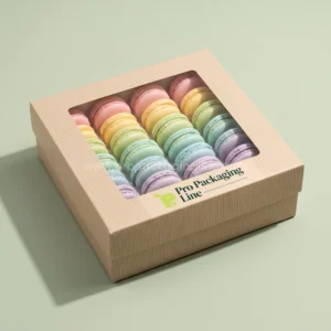 Custom champagne gift box with clear window lid showing pastel macarons