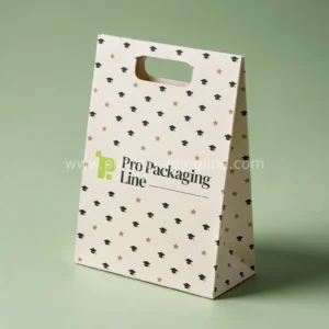 Custom graduation bag-shaped carton with handle in cream with mortarboard pattern