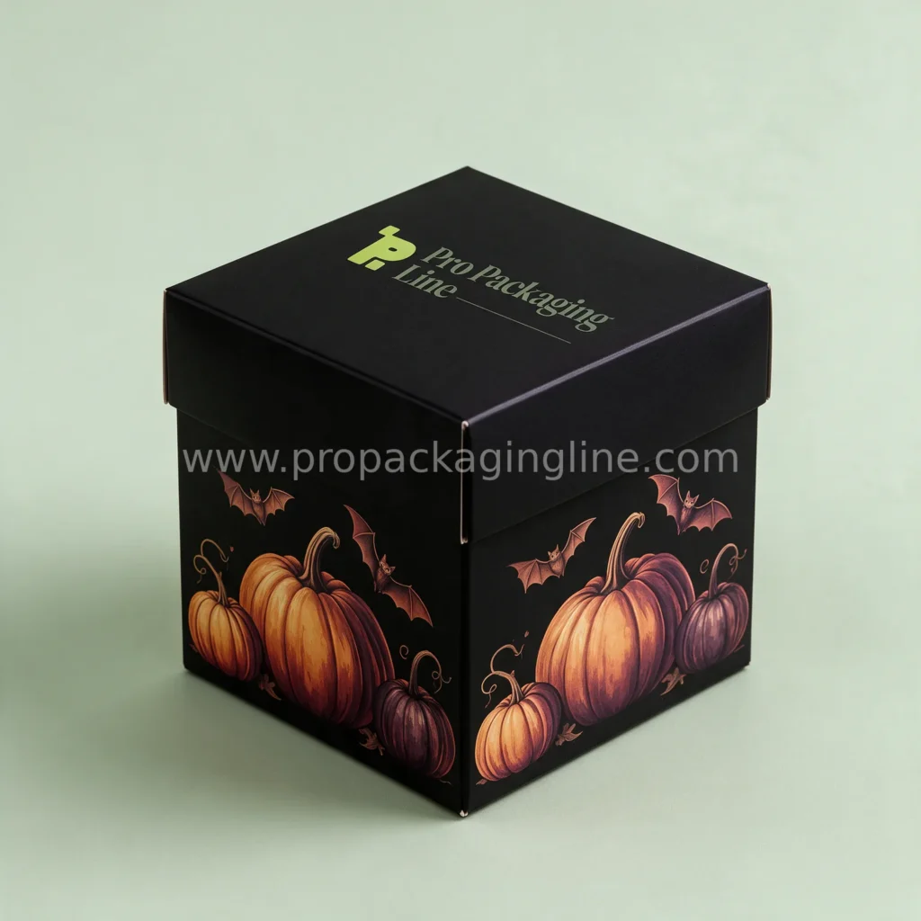 Custom Halloween treat box in matte black with vintage pumpkin and bat artwork