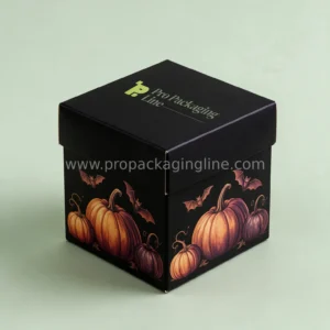Custom Halloween treat box in matte black with vintage pumpkin and bat artwork