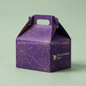 Custom Halloween gable box with handle in deep purple with gold spiderweb artwork