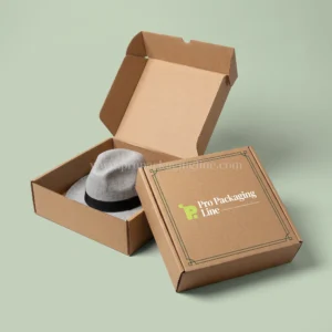 Kraft corrugated mailer hat boxes with art-deco border and grey fedora, Pro Packaging Line logo on the lid
