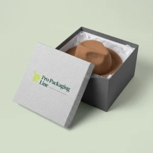 Grey houndstooth rigid two-piece hat box with tan fedora, Pro Packaging Line logo on the lid