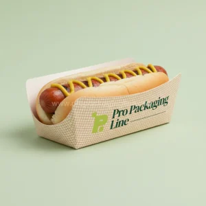 Custom printed cream paperboard hot dog holder with grid pattern and logo holding a hot dog