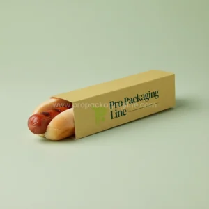 Custom printed ochre open-ended hot dog sleeve with logo and hot dog inside