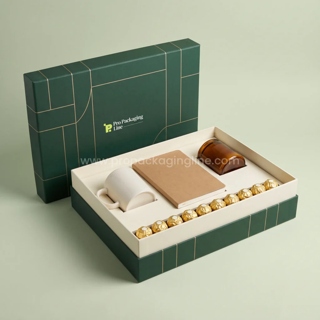 Custom forest green large corporate gift hamper box with insert holding mug, notebook, candle and chocolates