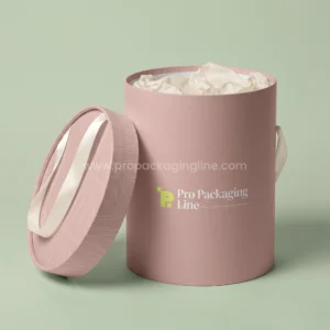 Custom blush pink large round hat gift box with lid and ribbon handle