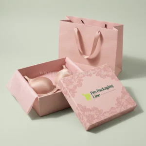 Blush pink lace-print rigid lingerie box with bra and matching shopping bag, Pro Packaging Line logo