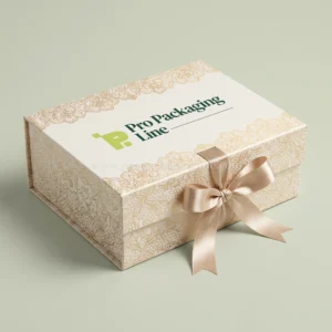 Cream rigid lingerie gift box with gold lace pattern and champagne ribbon, Pro Packaging Line logo