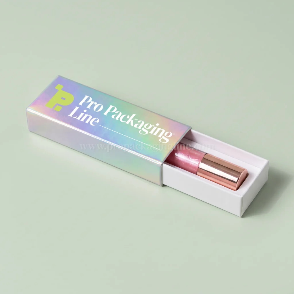 Holographic sleeve and tray lip gloss box with pink gloss, Pro Packaging Line logo