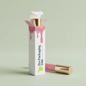 White lip gloss tuck box with pink drip graphic and half-open flap, Pro Packaging Line logo