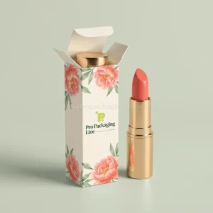 Peony print lipstick tuck box with half-open flap and coral lipstick, Pro Packaging Line logo
