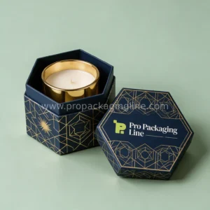 Navy hexagon rigid candle box with gold geometric print