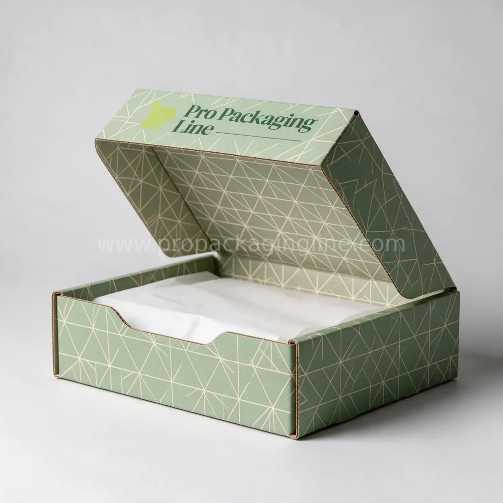 Custom sage green roll-end tuck-front mailer box with printed geometric interior and tissue paper by Pro Packaging Line