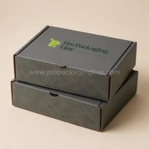 Two stacked custom charcoal grey cherry-lock mailer boxes with lime diagonal line print by Pro Packaging Line