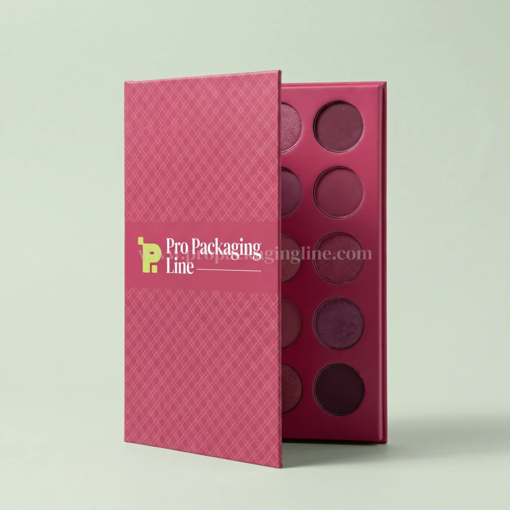 Raspberry book-style makeup palette box standing open with berry eyeshadows, Pro Packaging Line logo