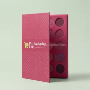 Raspberry book-style makeup palette box standing open with berry eyeshadows, Pro Packaging Line logo