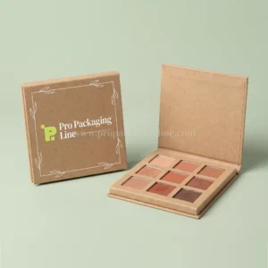 Kraft eco makeup palettes, one closed and one open with nude shades, Pro Packaging Line logo