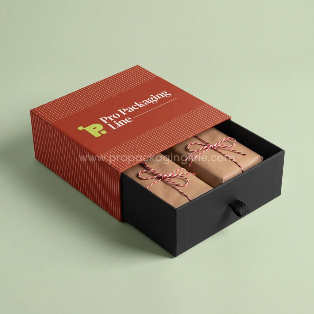 Custom paprika red rigid drawer box holding butcher-paper wrapped steak parcels tied with twine