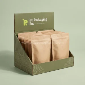 Custom olive green counter display box filled with kraft beef jerky pouches