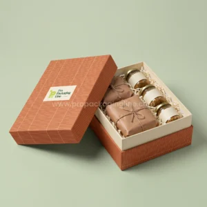 Custom terracotta rigid gift box with wrapped meat parcels and mustard jars