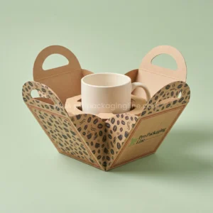Custom mug box: foldable kraft origami cradle box with handle cut-outs and coffee bean print holding a mug, Pro Packaging Line logo