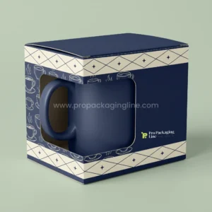 Custom mug box: navy and cream mug box with die-cut corner window showing a mug, coffee cup line icons, Pro Packaging Line logo