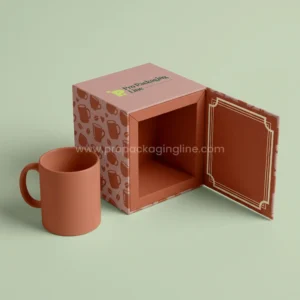Custom mug box: dusty rose cube box with hinged front door, terracotta mug and coffee bean pattern, Pro Packaging Line logo