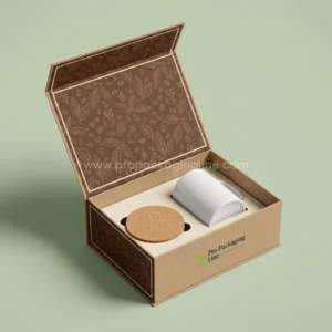 Custom mug box: kraft magnetic flip-lid gift set box with insert holding a mug and cork coaster, coffee leaf print, Pro Packaging Line logo