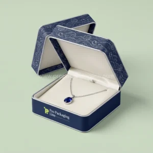 Custom necklace boxes - navy rounded hinged clamshell necklace box with ocean wave print by Pro Packaging Line