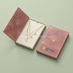 Custom necklace boxes - dusty rose book-style magnetic necklace box with gold foil fan print by Pro Packaging Line