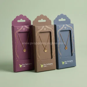 Custom necklace boxes - plum, mocha and slate blue hang-tab window necklace sleeves with gold chain print by Pro Packaging Line