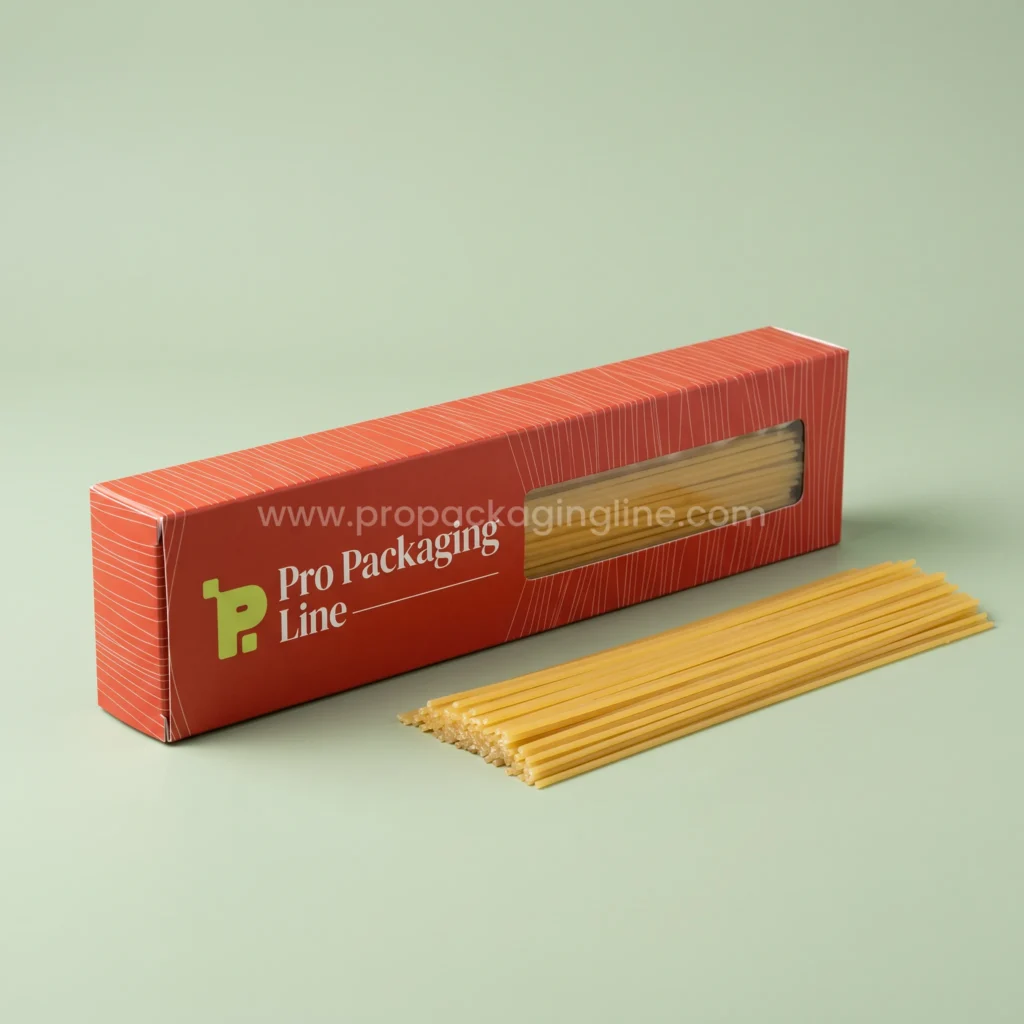 Custom printed tomato red long spaghetti box with window strip showing dry spaghetti