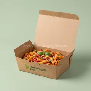 Custom printed kraft takeaway pasta box holding penne arrabbiata with basil