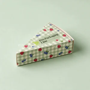 Custom triangular pie slice box in sage green with gingham and berry pattern