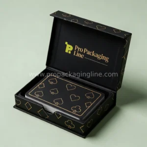 Black magnetic flip-lid playing card box with gold print