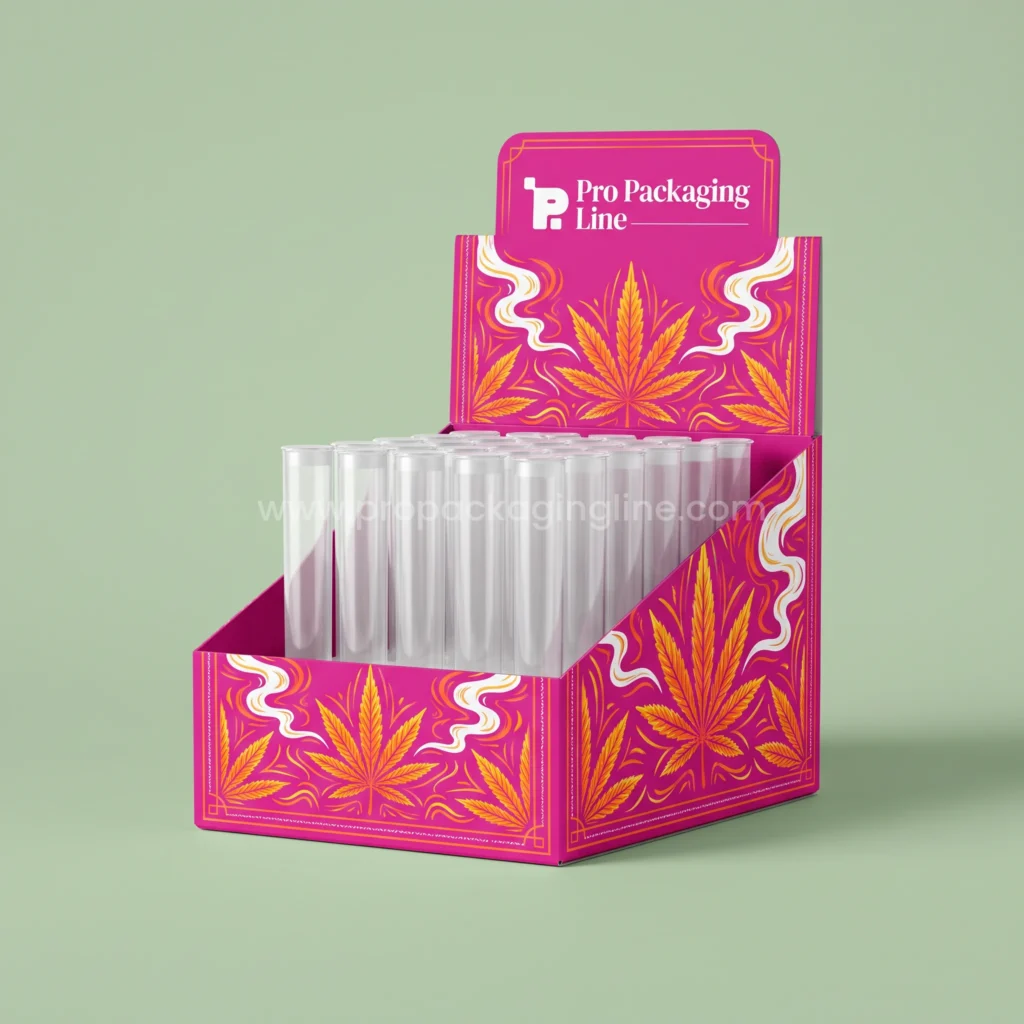 Custom hot magenta pre-roll counter display box with cannabis leaf and smoke print holding pre-roll tubes