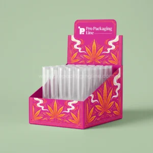 Custom hot magenta pre-roll counter display box with cannabis leaf and smoke print holding pre-roll tubes