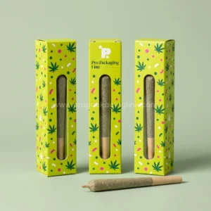 Custom chartreuse tall slim single pre-roll boxes with die-cut window showing the joint inside