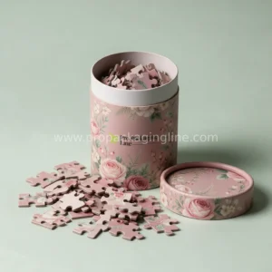 Dusty rose paper tube puzzle canister with pieces
