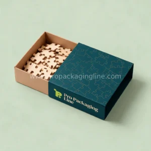 Teal sleeve puzzle box over kraft tray with wooden puzzle