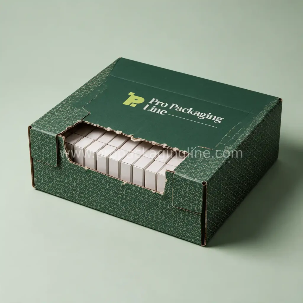 Custom forest green shelf-ready retail carton with tear-off front showing product boxes by Pro Packaging Line