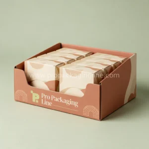 Custom terracotta PDQ shelf tray display with cream arch print holding product cartons by Pro Packaging Line