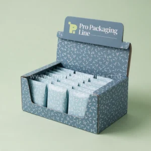 Custom slate blue flip-lid display box with lid raised as header and white leaf print by Pro Packaging Line