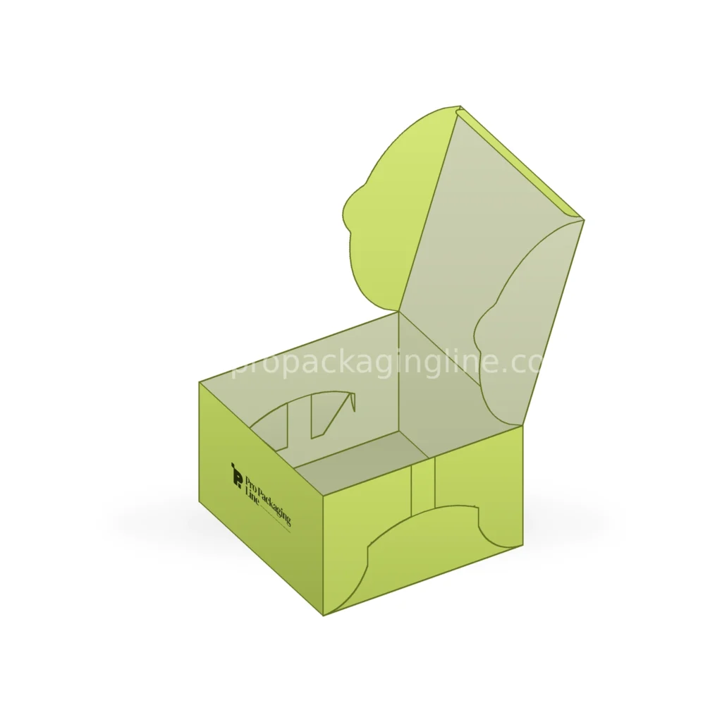 Self lock cake box with lid open showing dovetail corner flaps locked into the curved slit, by Pro Packaging Line